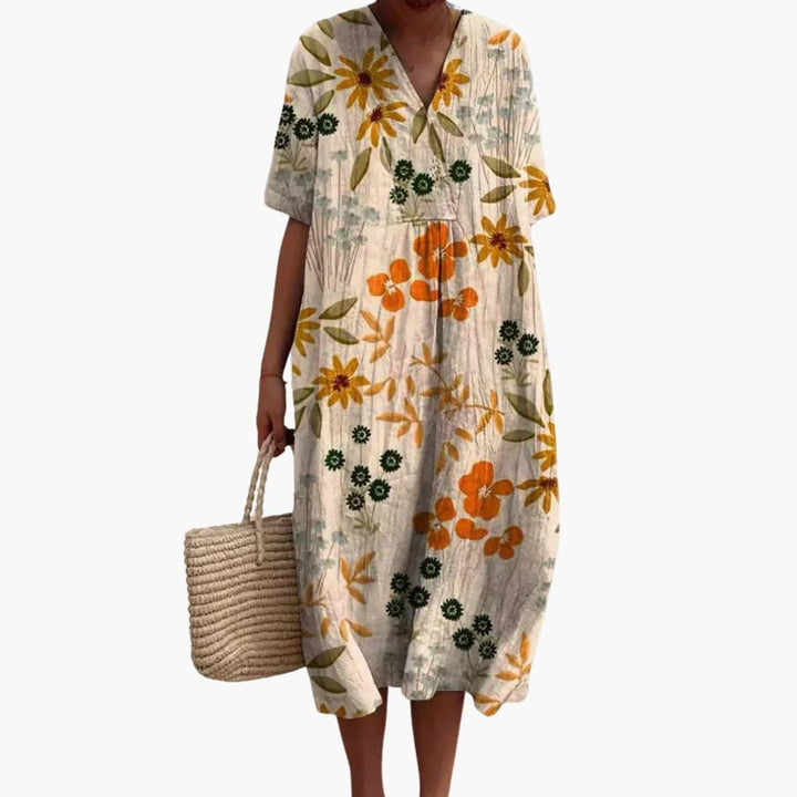 Damen Sommerkleid mit Blumenmuster, kurzen Ärmeln und V-Ausschnitt