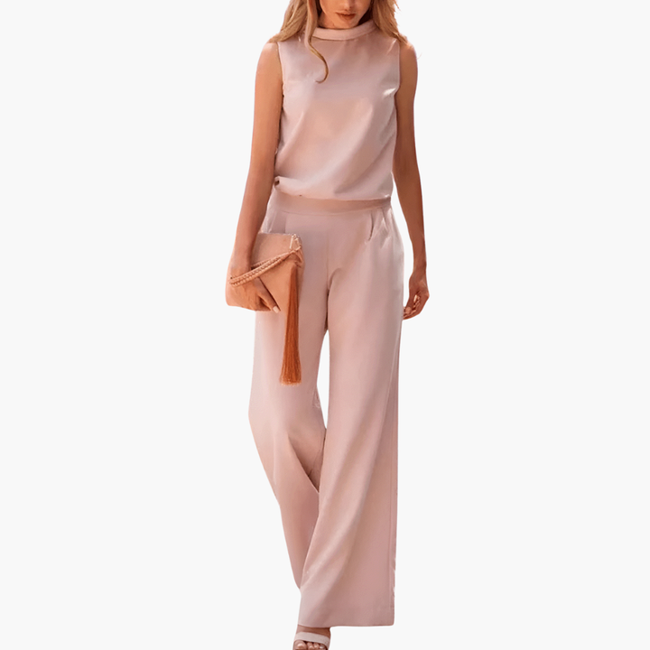 Ärmelloser Damen Jumpsuit mit hohem Kragen und weitem Bein