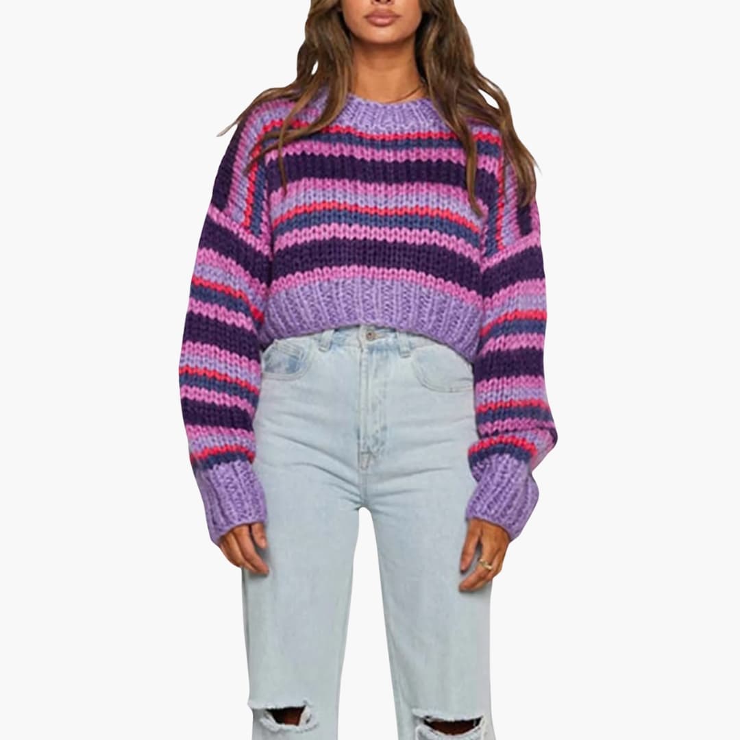 Damen Oversize Pullover mit Streifenmuster und Rundhalsausschnitt