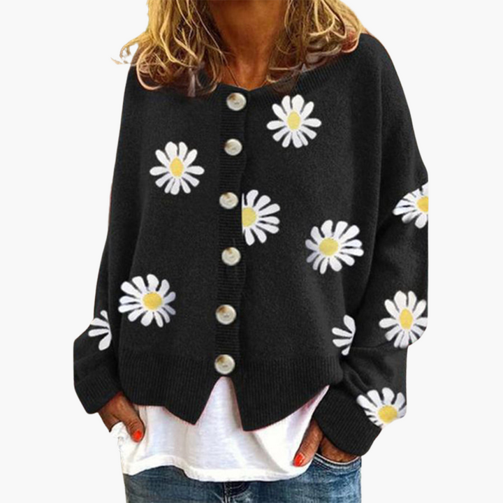 Damen Strickjacke mit Knopfverschluss und Blumenmuster