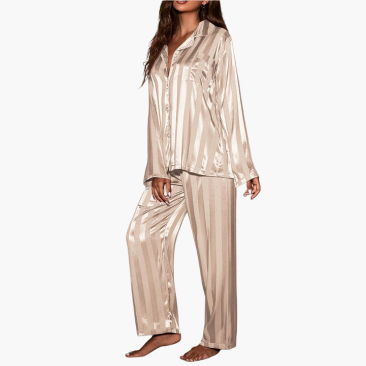 Damen Satin Pyjama Set mit Knopfoberteil und Streifendesign