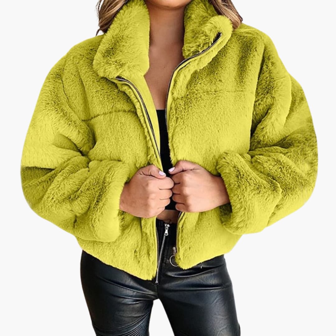Damen Kunstpelzjacke mit Reißverschluss und Stehkragen