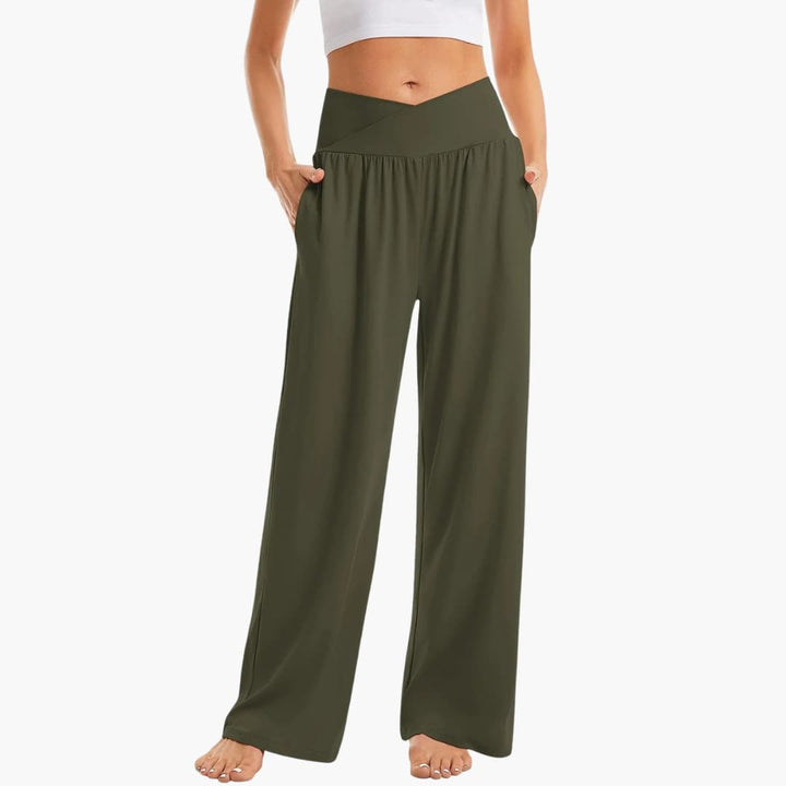 Damenhose mit weitem Bein, überkreuztem Bund und Seitentaschen