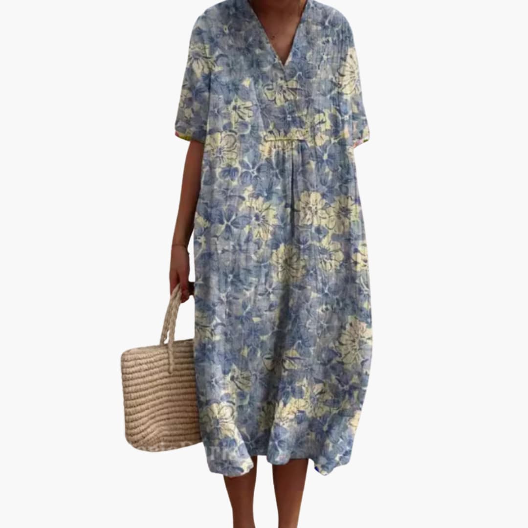 Damen Sommerkleid mit Blumenmuster, kurzen Ärmeln und V-Ausschnitt