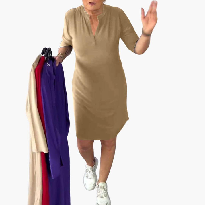 Elegantes einfarbiges Mini-Kleid mit V-Ausschnitt für Damen - SchmiedeMode