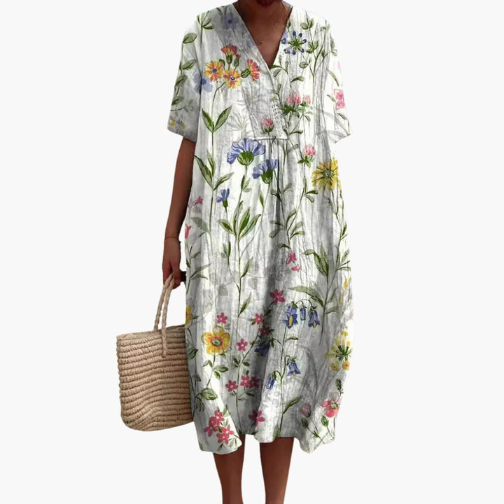 Damen Sommerkleid mit Blumenmuster, kurzen Ärmeln und V-Ausschnitt