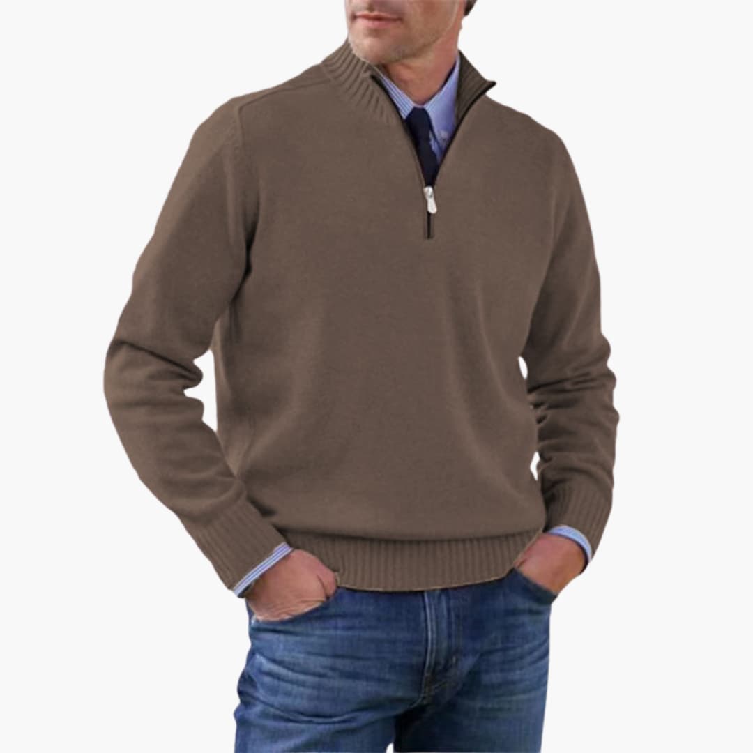 Herren pullover mit halbem Reißverschluss und geripptem Saum