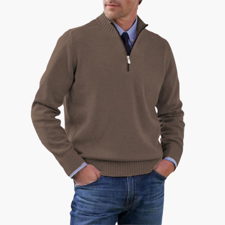 Herren pullover mit halbem Reißverschluss und geripptem Saum