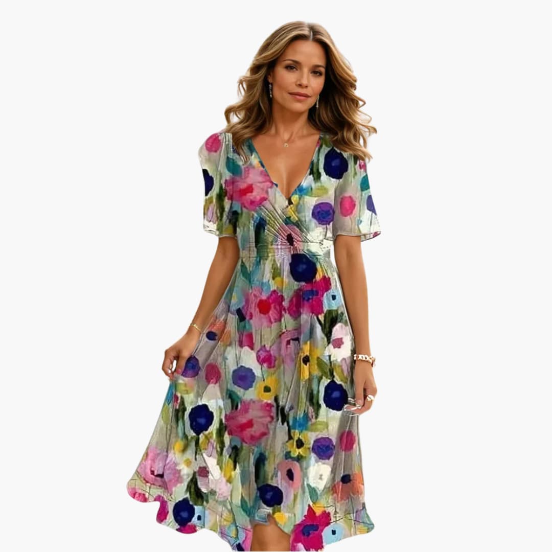 Midikleid für Damen - Elegant, Blumenmuster & V-Ausschnitt