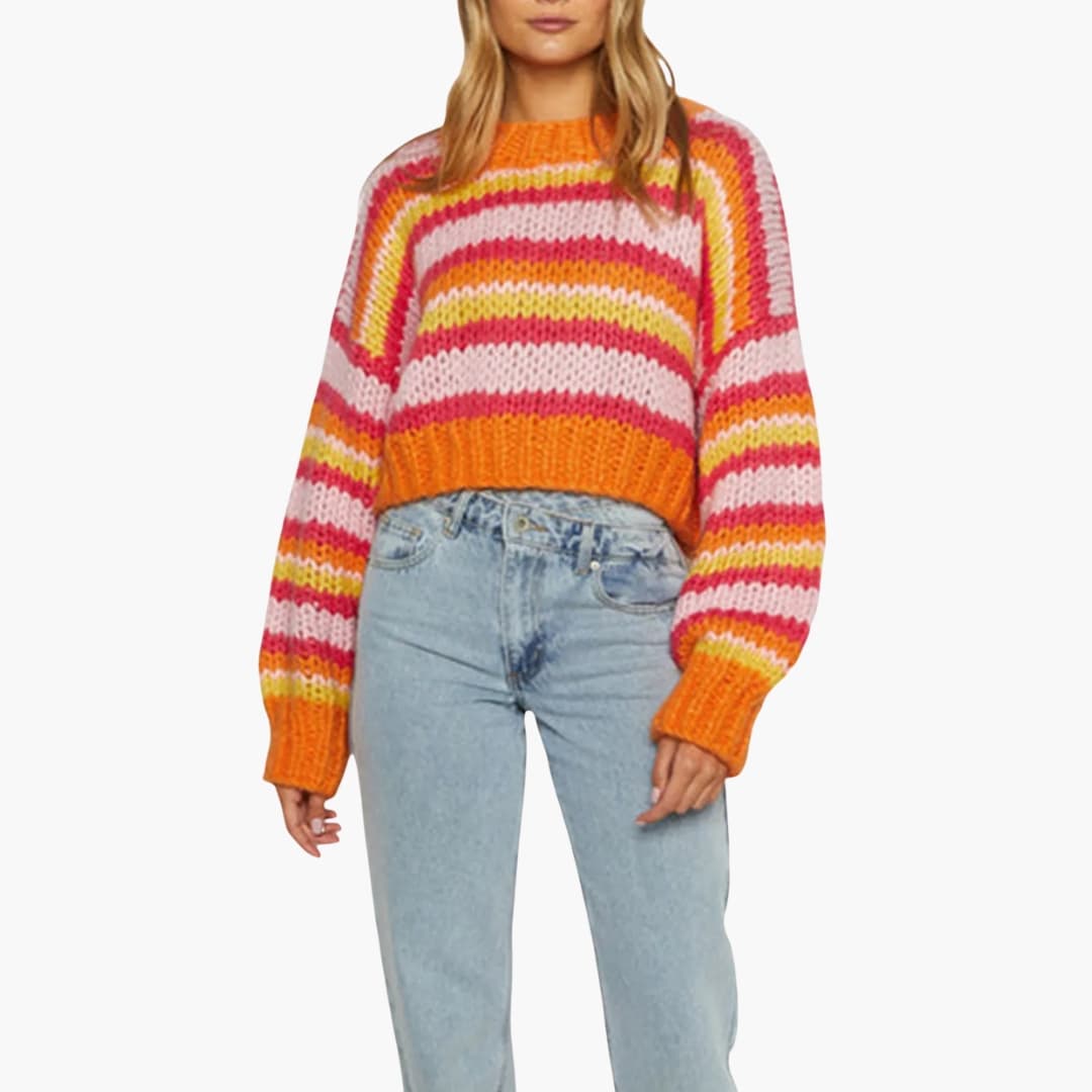 Damen Oversize Pullover mit Streifenmuster und Rundhalsausschnitt