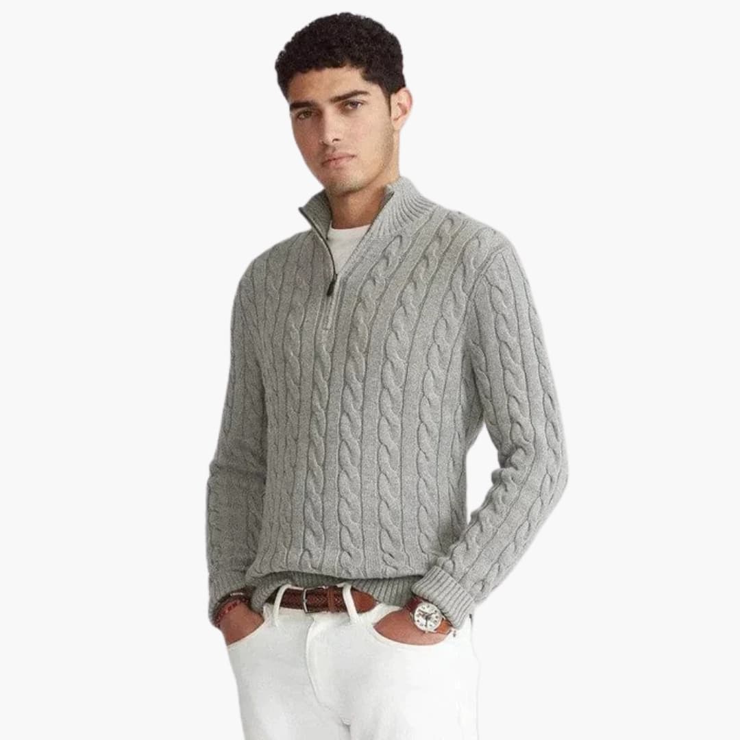 Herren Pullover mit Halbzipper und Zopfmuster