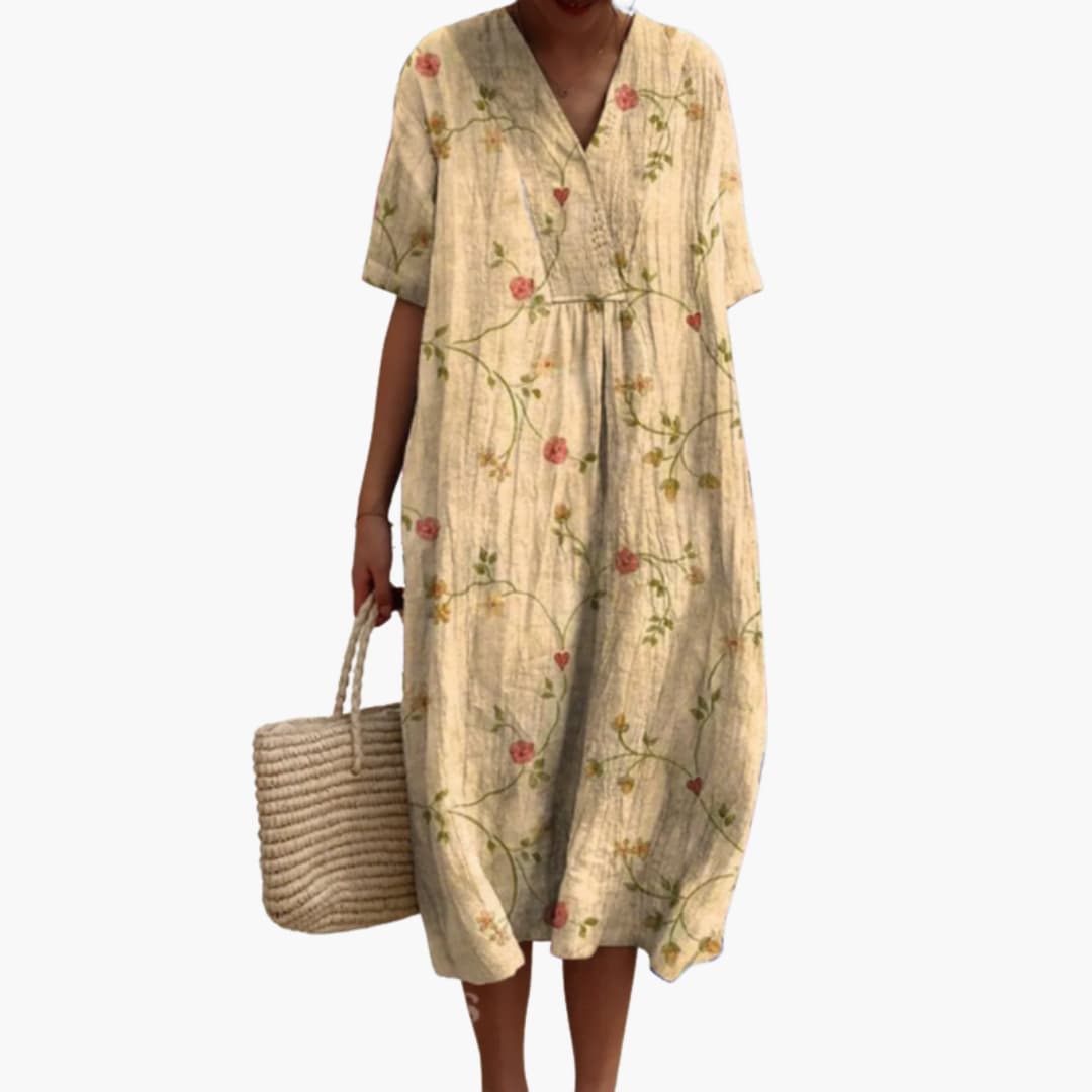 Damen Sommerkleid mit Blumenmuster, kurzen Ärmeln und V-Ausschnitt