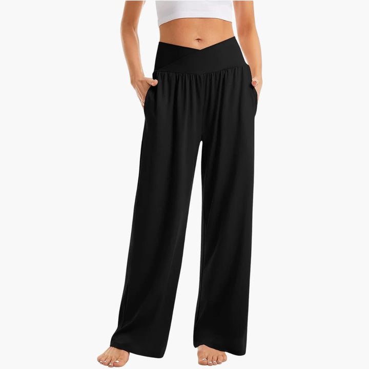 Damenhose mit weitem Bein, überkreuztem Bund und Seitentaschen