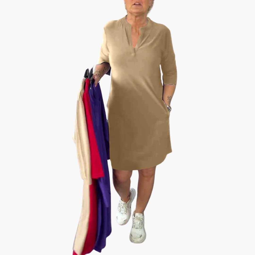 Elegantes einfarbiges Mini-Kleid mit V-Ausschnitt für Damen - SchmiedeMode