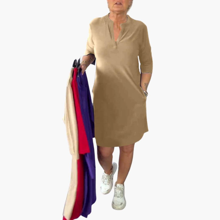 Elegantes einfarbiges Mini-Kleid mit V-Ausschnitt für Damen - SchmiedeMode