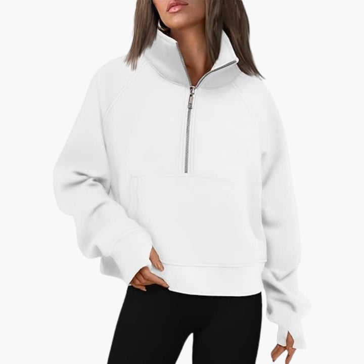 Damen Sweatshirt mit Reißverschluss am Ausschnitt und Kängurutasche