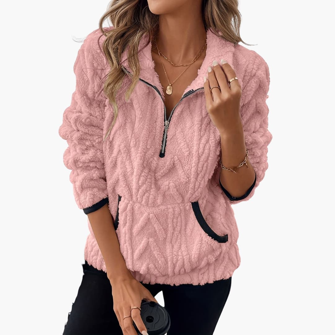Damen Fleece Pullover mit Reißverschluss und Seitentaschen
