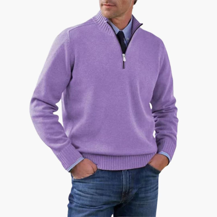Herren pullover mit halbem Reißverschluss und geripptem Saum