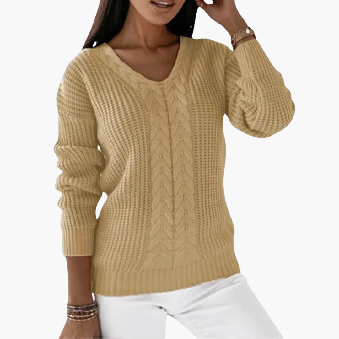 Damen pullover mit V-Ausschnitt und Zopfmuster Oberfläche