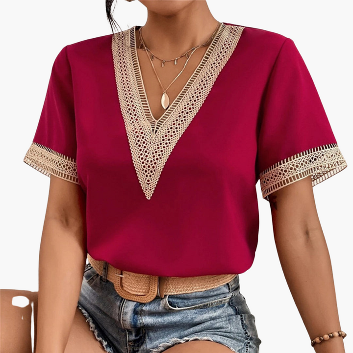Spitzenbluse Damen – Sommerliche V-Ausschnitt Bluse mit Spitze