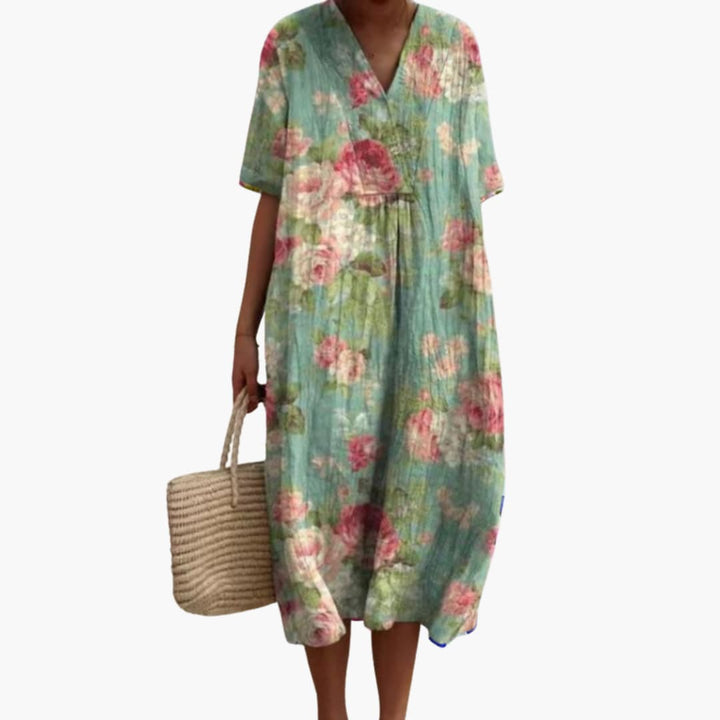 Damen Sommerkleid mit Blumenmuster, kurzen Ärmeln und V-Ausschnitt