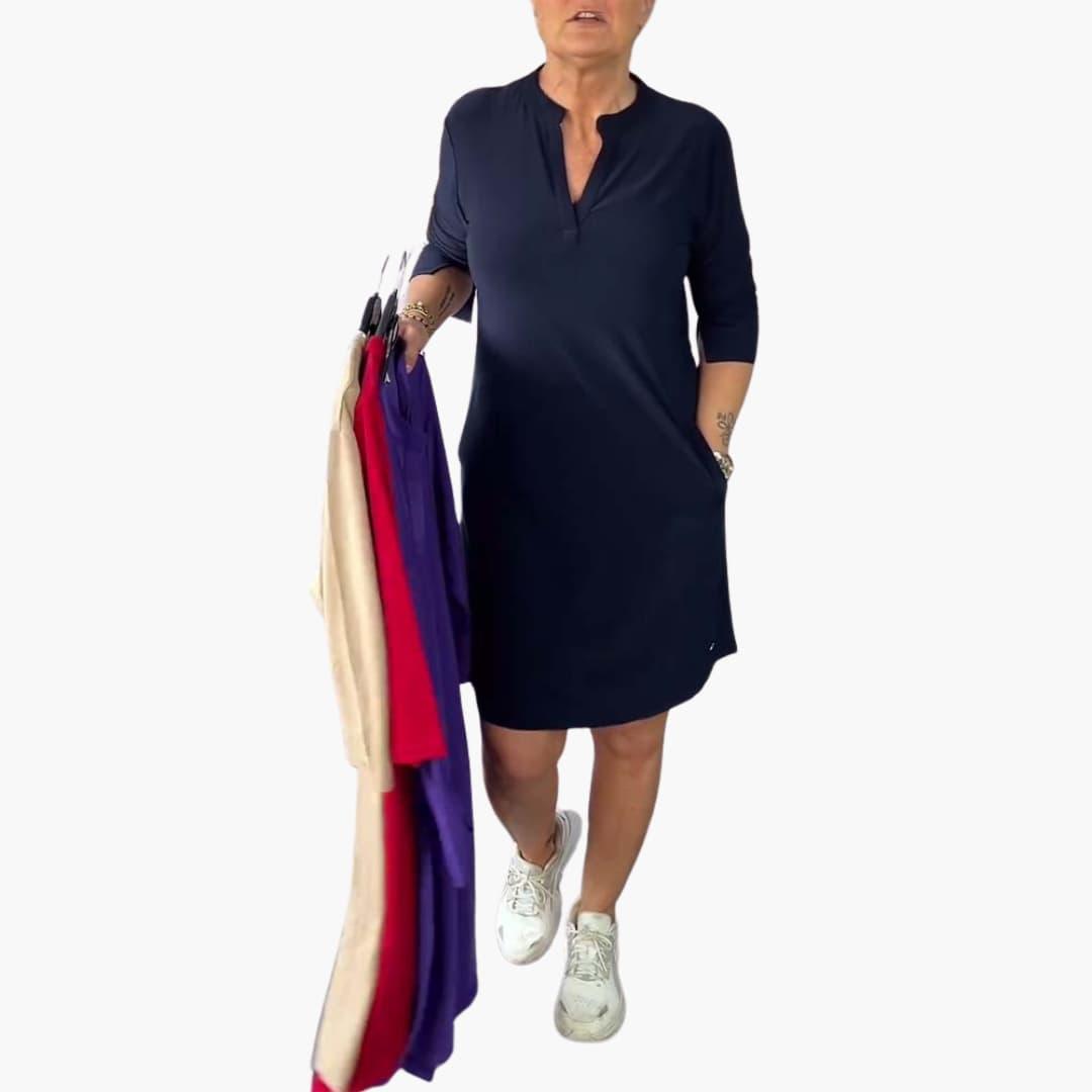 Elegantes einfarbiges Mini-Kleid mit V-Ausschnitt für Damen - SchmiedeMode
