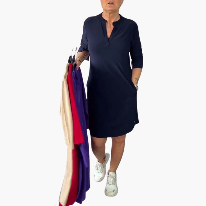 Elegantes einfarbiges Mini-Kleid mit V-Ausschnitt für Damen - SchmiedeMode