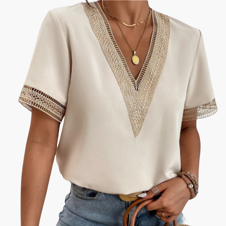 Spitzenbluse Damen – Sommerliche V-Ausschnitt Bluse mit Spitze