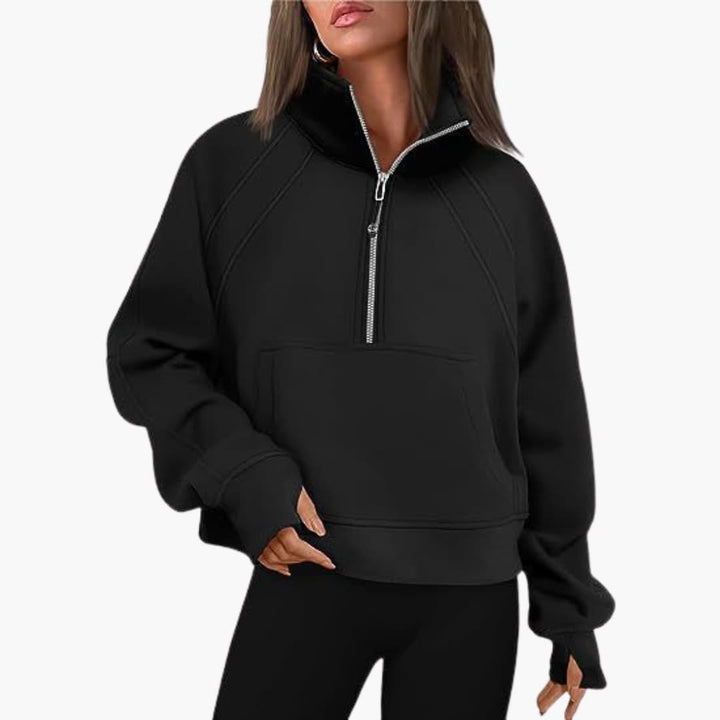 Frauen Zip-Front Pullover mit hohem Kragen und Kängurutasche