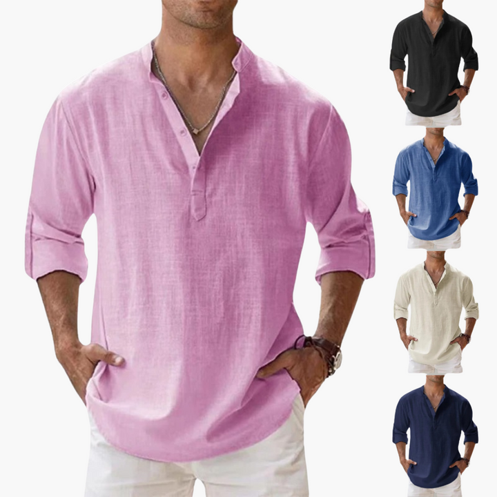 Lässiges Herren Leinenhemd – Langarm, Henley Stil