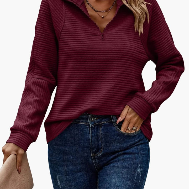 Damen Pullover mit halbem Reißverschluss und Streifenmuster