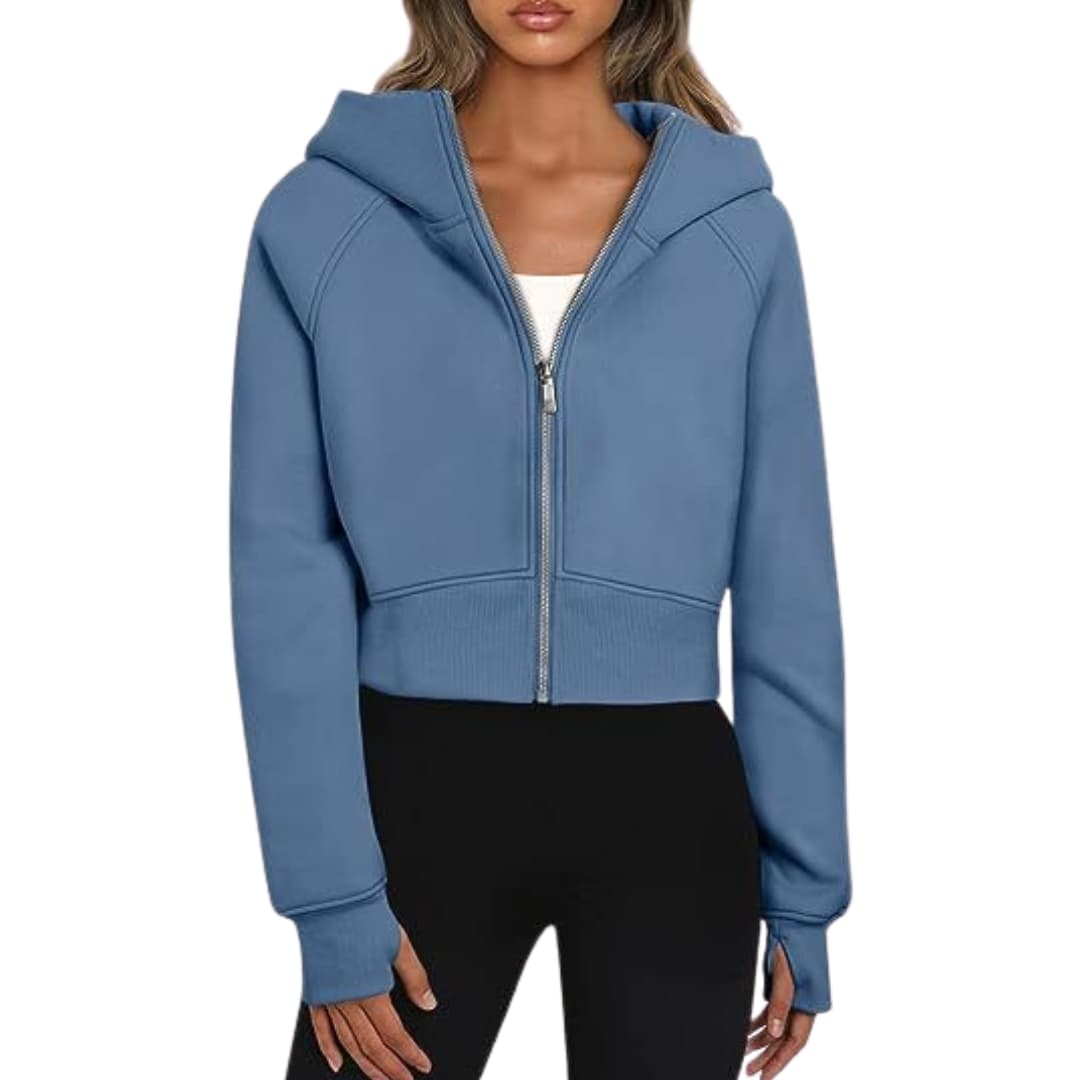 Damen Cropped Hoodie mit Reißverschluss und elastischem Bund