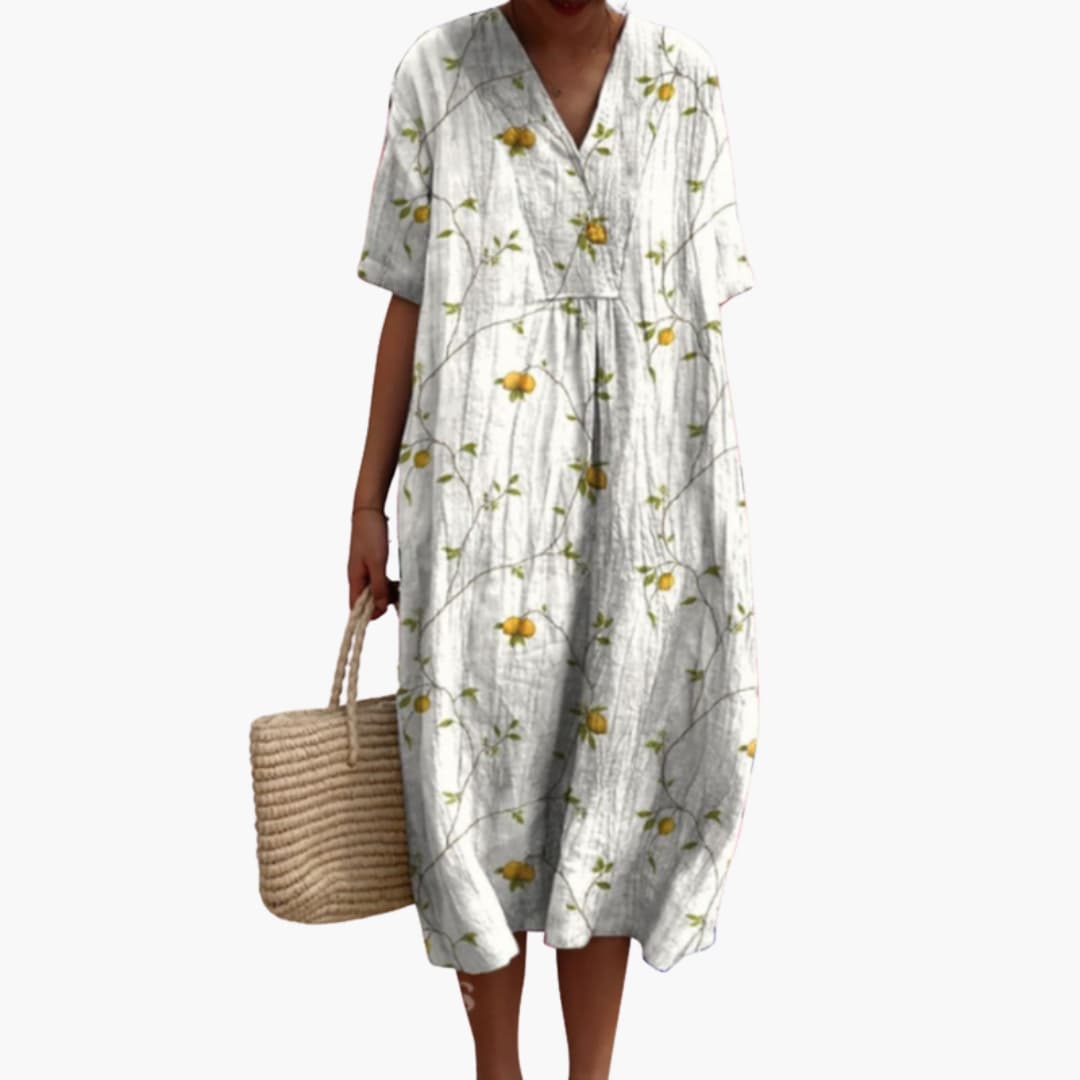 Damen Sommerkleid mit Blumenmuster, kurzen Ärmeln und V-Ausschnitt