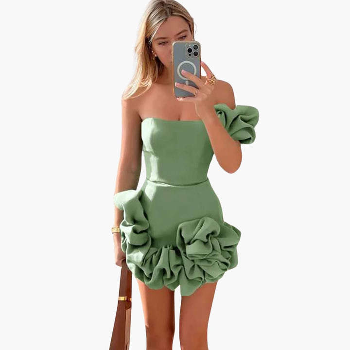 Elegantes Satin-Rüschendress für Frauen - Einseitig Schulterfrei