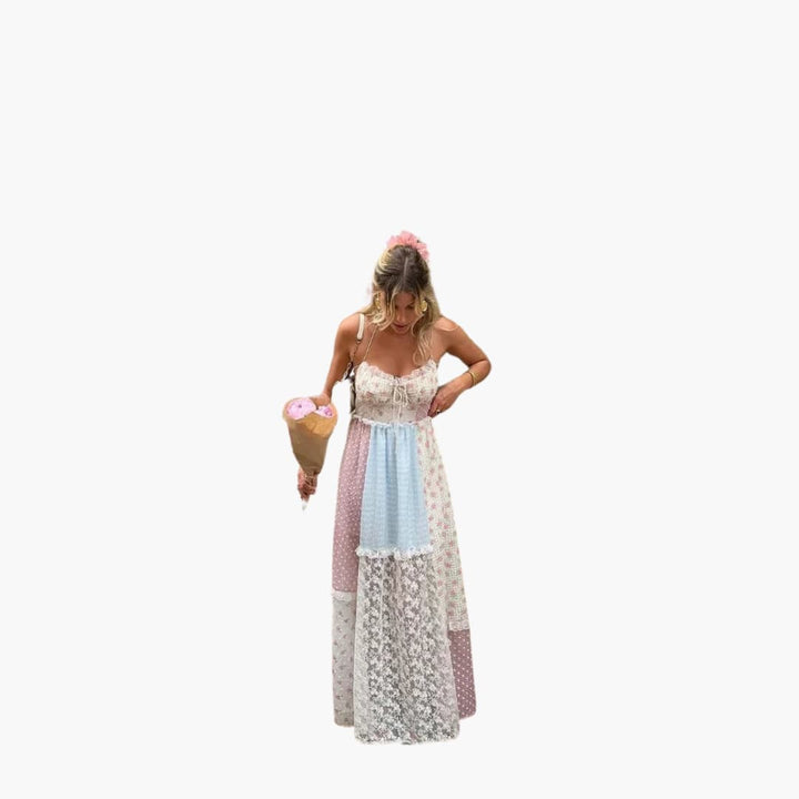 Patchwork Maxikleid - Damen Sommerkleid mit Spaghettiträgern