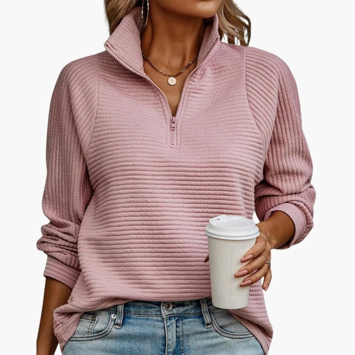Damen Pullover mit halbem Reißverschluss und Streifenmuster
