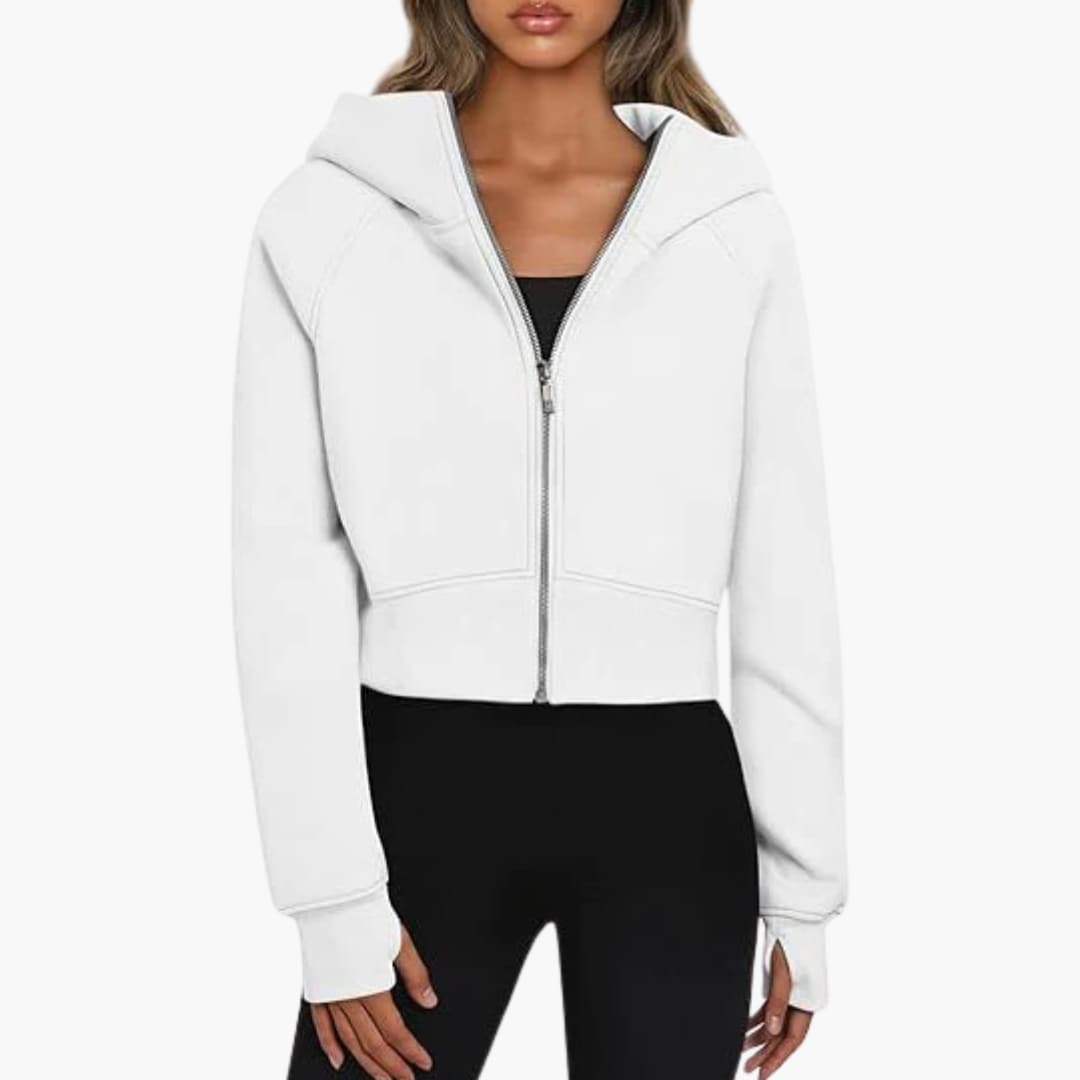Damen Cropped Hoodie mit Reißverschluss und elastischem Bund