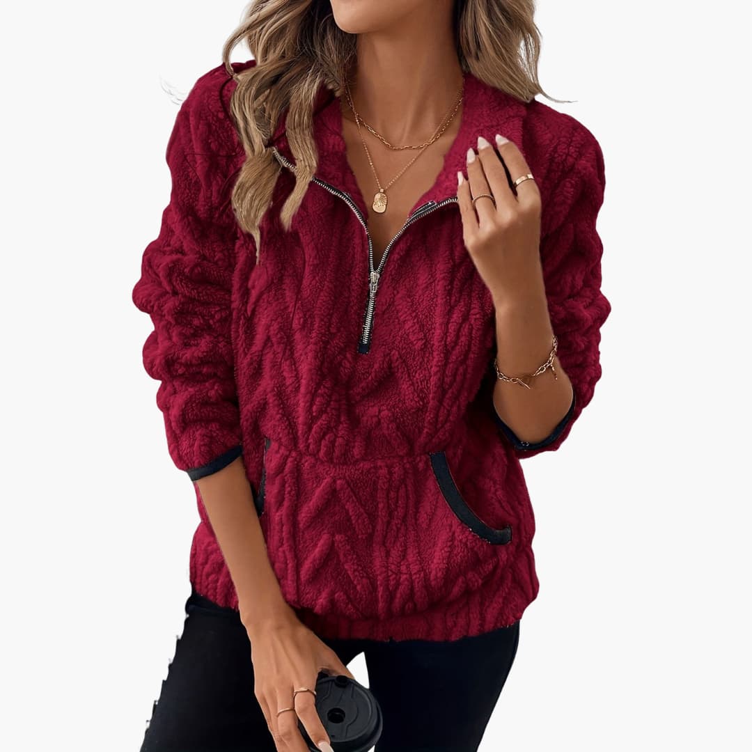 Damen Fleece Pullover mit Reißverschluss und Seitentaschen