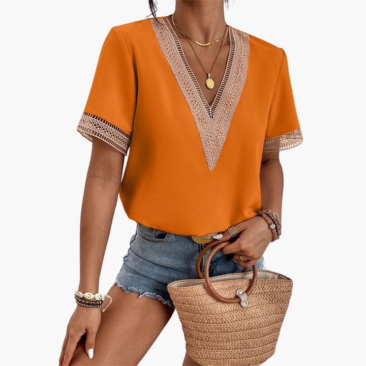 Spitzenbluse Damen – Sommerliche V-Ausschnitt Bluse mit Spitze