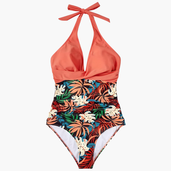 Einteiliger Damen-Badeanzug mit Neckholder und hochgeschnittenem Bein