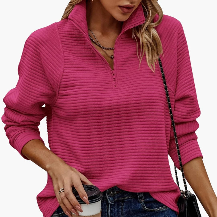 Damen Pullover mit halbem Reißverschluss und Streifenmuster