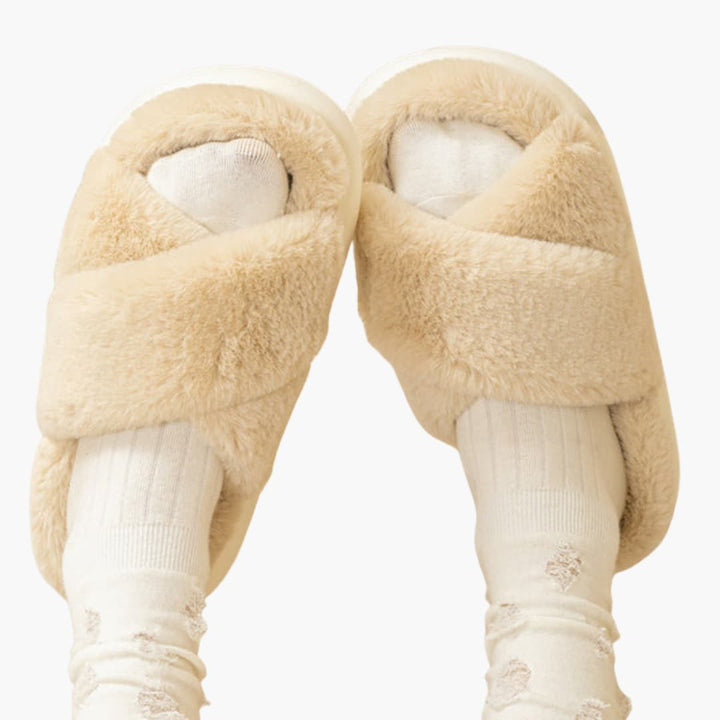 Damen Hausschuhe mit Kreuzriemen und Plüschfutter