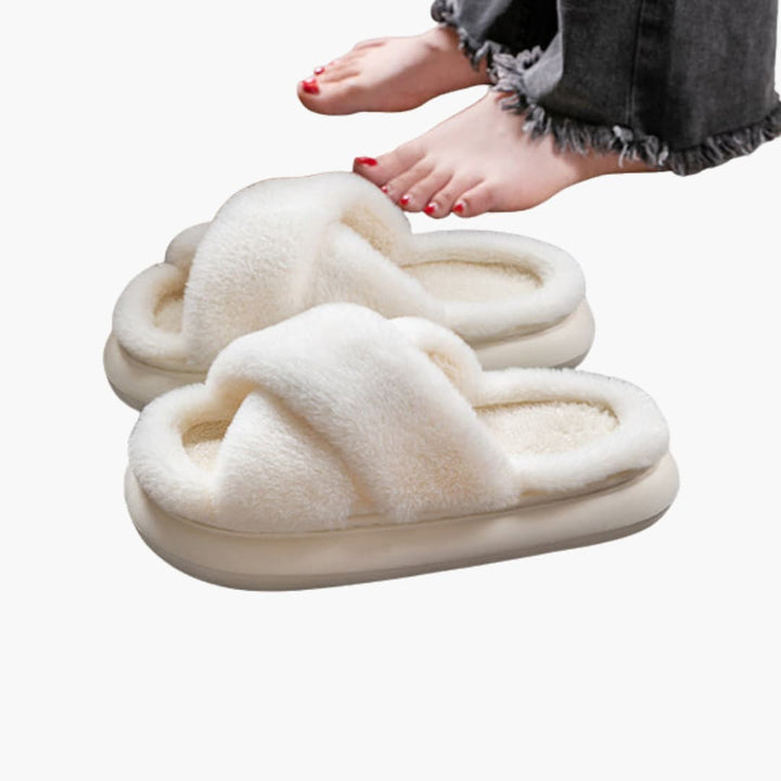 Damen Hausschuhe mit Kreuzriemen und Plüschfutter