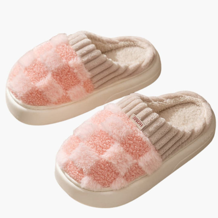 Damen Hausschuhe mit karierter Oberfläche und Plüschfutter