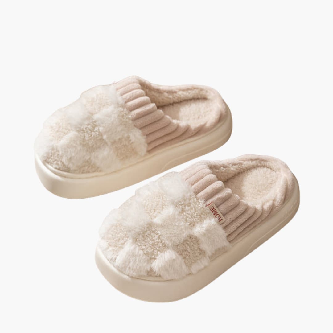 Damen Hausschuhe mit karierter Oberfläche und Plüschfutter