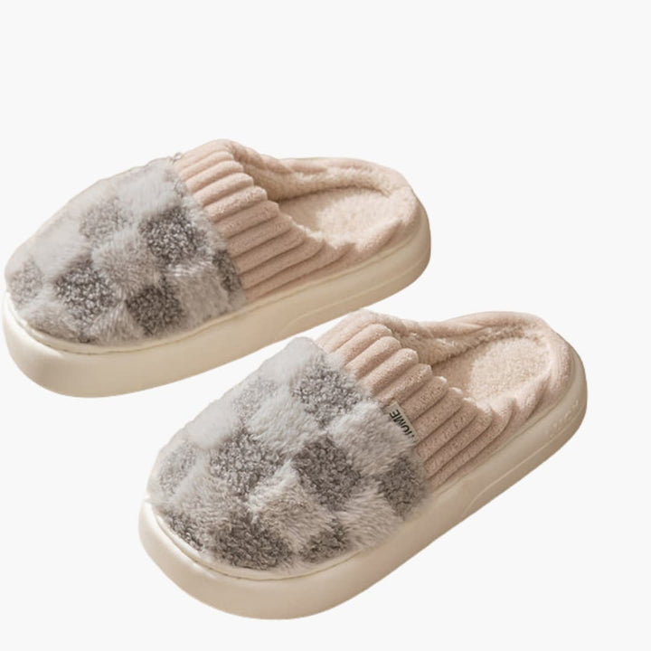 Damen Hausschuhe mit karierter Oberfläche und Plüschfutter