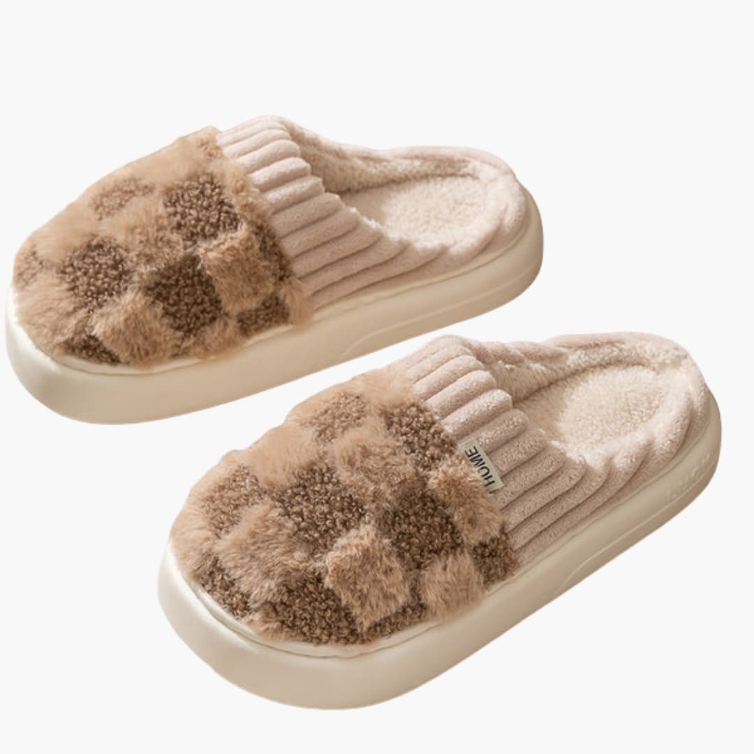 Damen Hausschuhe mit karierter Oberfläche und Plüschfutter