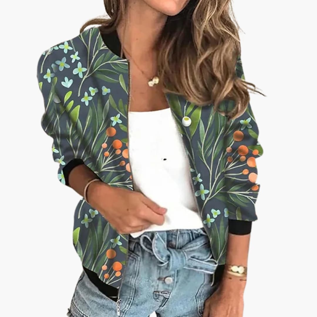 Damen Bomberjacke mit Blumenmuster und Reißverschluss