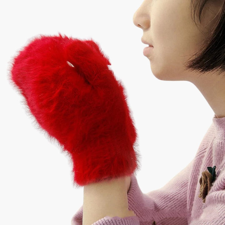 Damen Fingerlose Handschuhe mit Kunstfellbesatz und Rippstrick