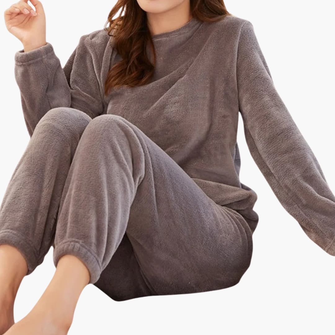 Damen Fleece Pyjama Set mit Rundhalsausschnitt und elastischem Bund